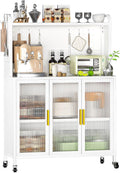 Kitchen Pantry Cabinets, Freestanding Pantry Cabinets with Microwave Stand, Modern Pantry Cabinet with Transparent Door, Kitchen Pantry Cabinet with Versatile Pegboard, Easy to Move, White (White)