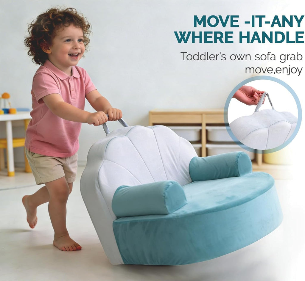 Snuggly Toddler Chair Soft Kids Sofa Cozy Kids Chairs Comfy for Toddlers 1-3, Plush Child Seat with Carry Handle Green Shell