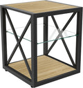 Modern End Table with Tempered Glass Shelf and Natural Wood MDF, Industrial Metal Frame Side Table for Living Room Bedroom Office, Functional Compact Three-Tier Accent Furniture Piece Design