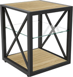 Modern End Table with Tempered Glass Shelf and Natural Wood MDF, Industrial Metal Frame Side Table for Living Room Bedroom Office, Functional Compact Three-Tier Accent Furniture Piece Design