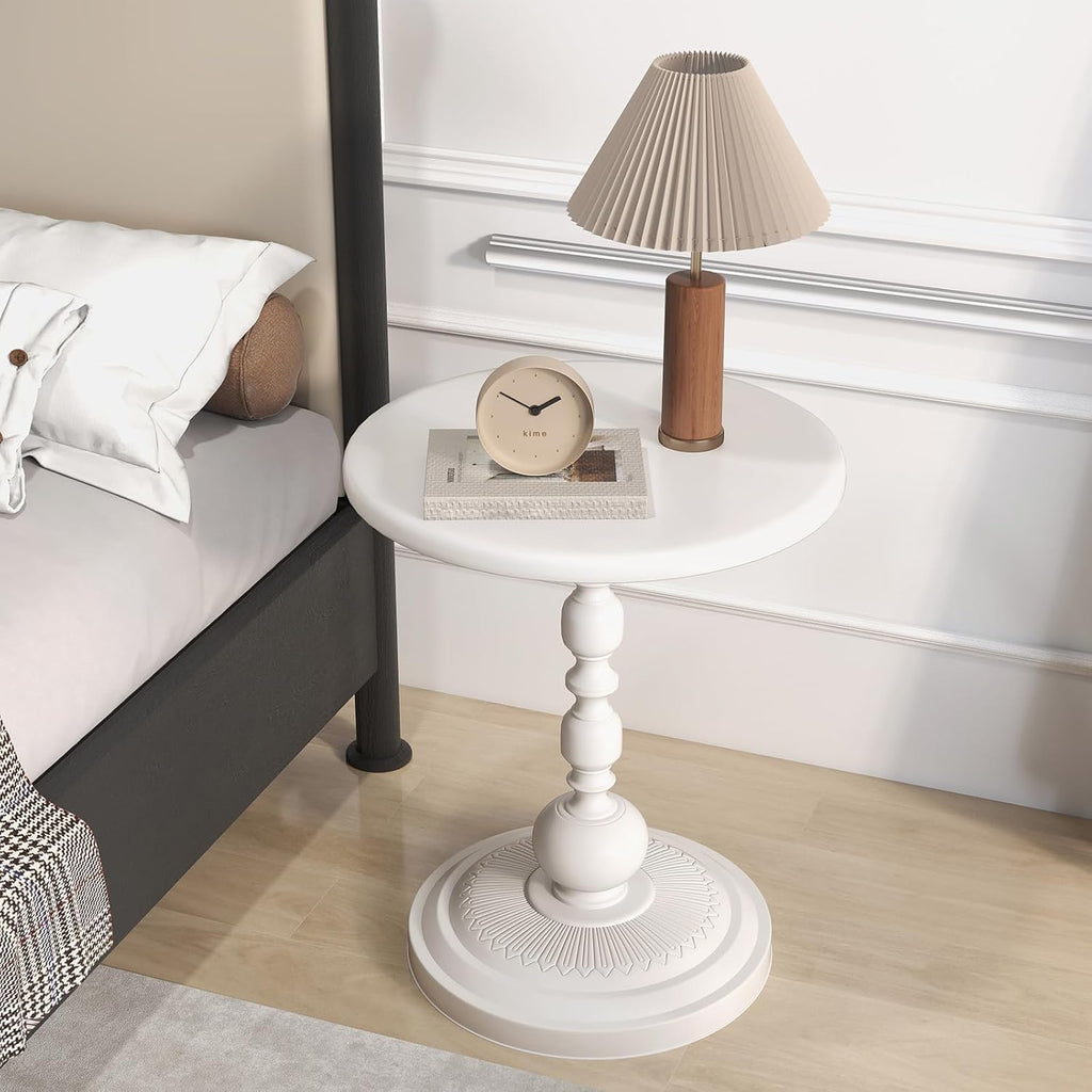 Pinmoco Round Side Table, Metal End Table, Intricate Vintage Patterns, Sturdy and Solid Base, Anti-Rust and Waterproof Small Coffee Table for Living Room, Bedroom, Balcony, White