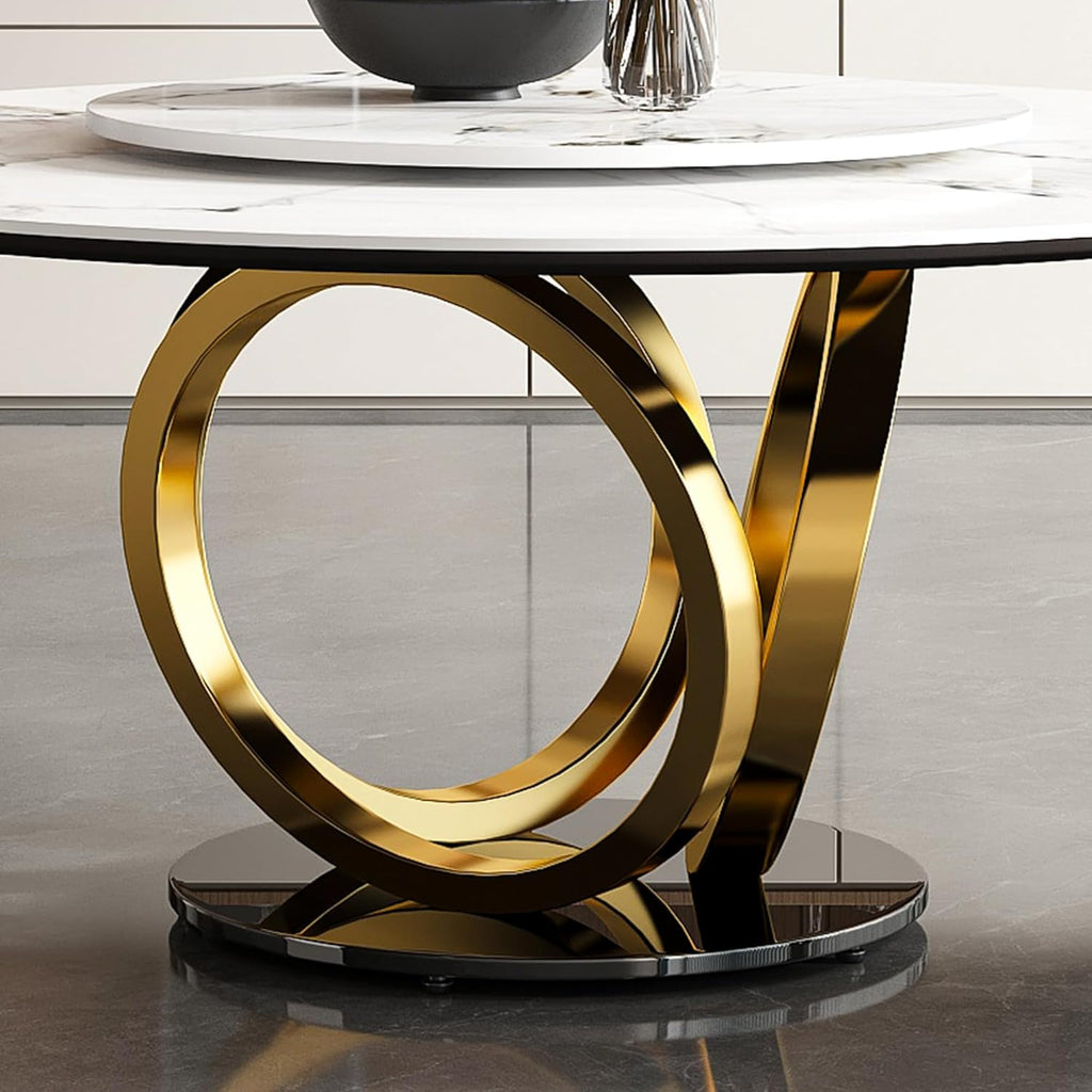 Leavader 59" Round Sintered Stone Dining Table with 31.5" Detachable Turntable Design, Modern White Artificial Dining Room Table for 6-8 (White & Golden 2)