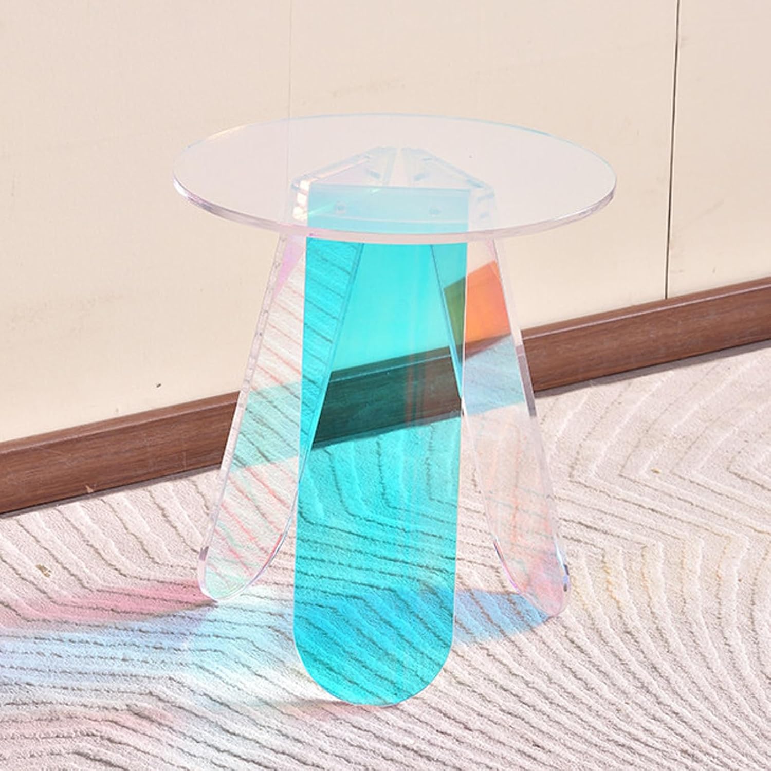 Round Iridescent Side Table, Acrylic Coffee Table, Modern Accent Tablé, Easy Assemble, for Small Space Living Room(Colorful,15.7x17.7)