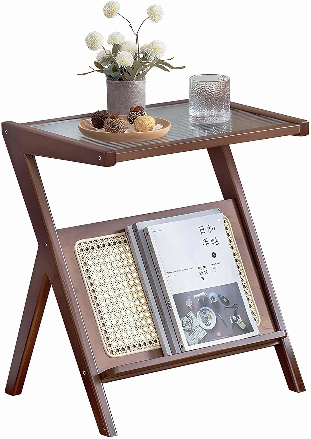 Majnesvon Rattan Side Table, Bamboo Night Stand, Z-Shaped Bamboo End Table, Tempered Glass Top, Boho End Tables for Living Room Bedroom Apartment with Magazine Rack