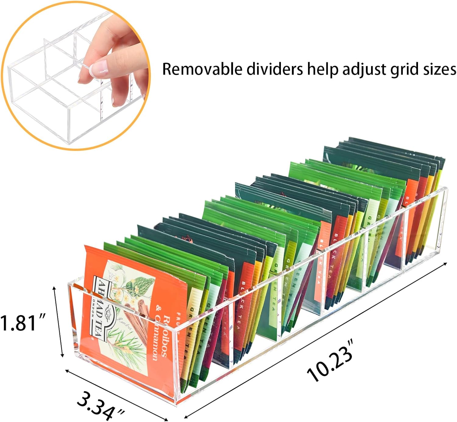 Tea Bag Organizer, Clear Tea Bag Holder with 6 Slot, Tea Packet Storage for Countertop, Drawer, Kitchen, Pantry, Cabinet