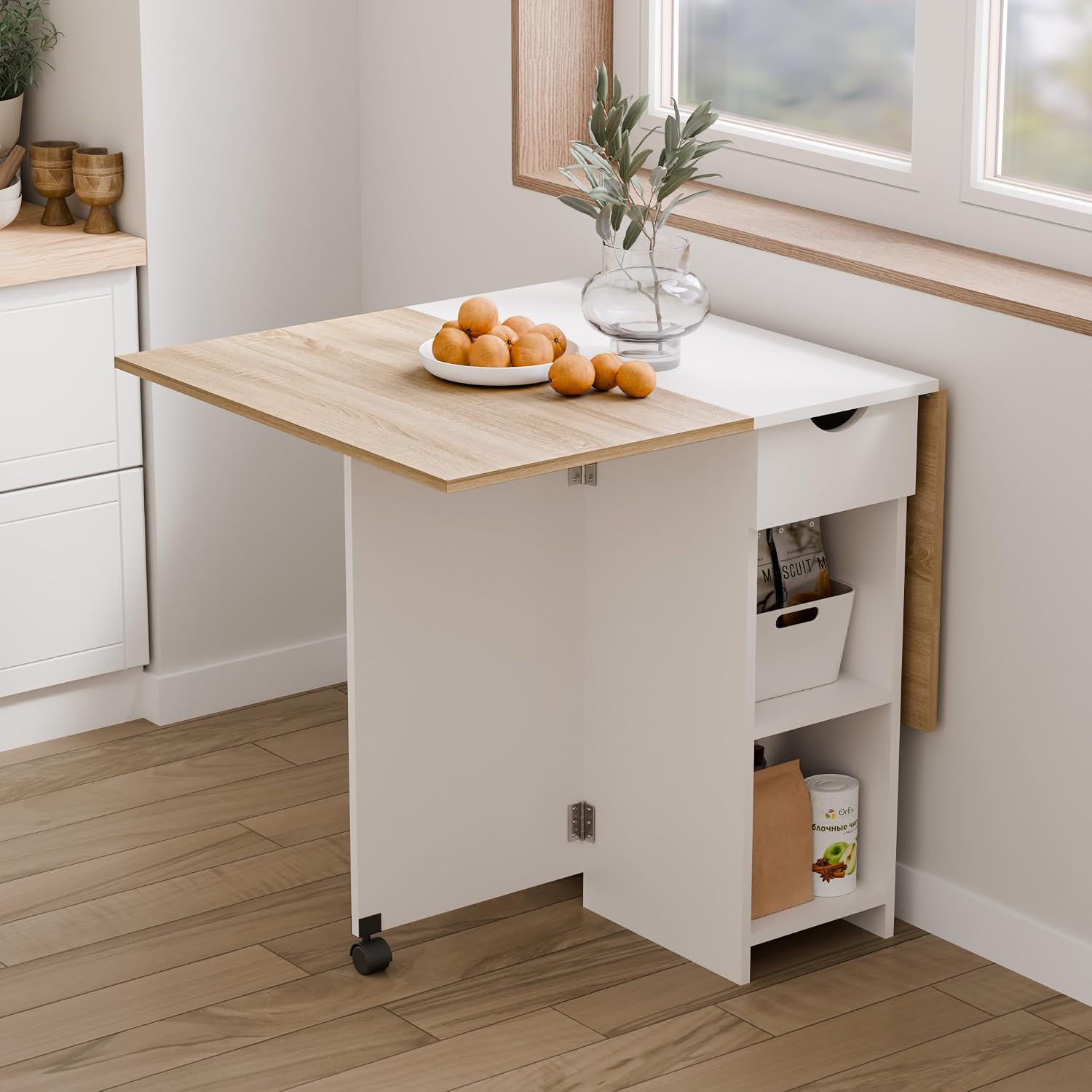 Folding Dining Table, Drop Leaf Table for Small Space with Drawer and Open Storage Shelves, Modern Rectangular Kitchen Dining Table, 47.2" L x 28.3" W (Oak & White)