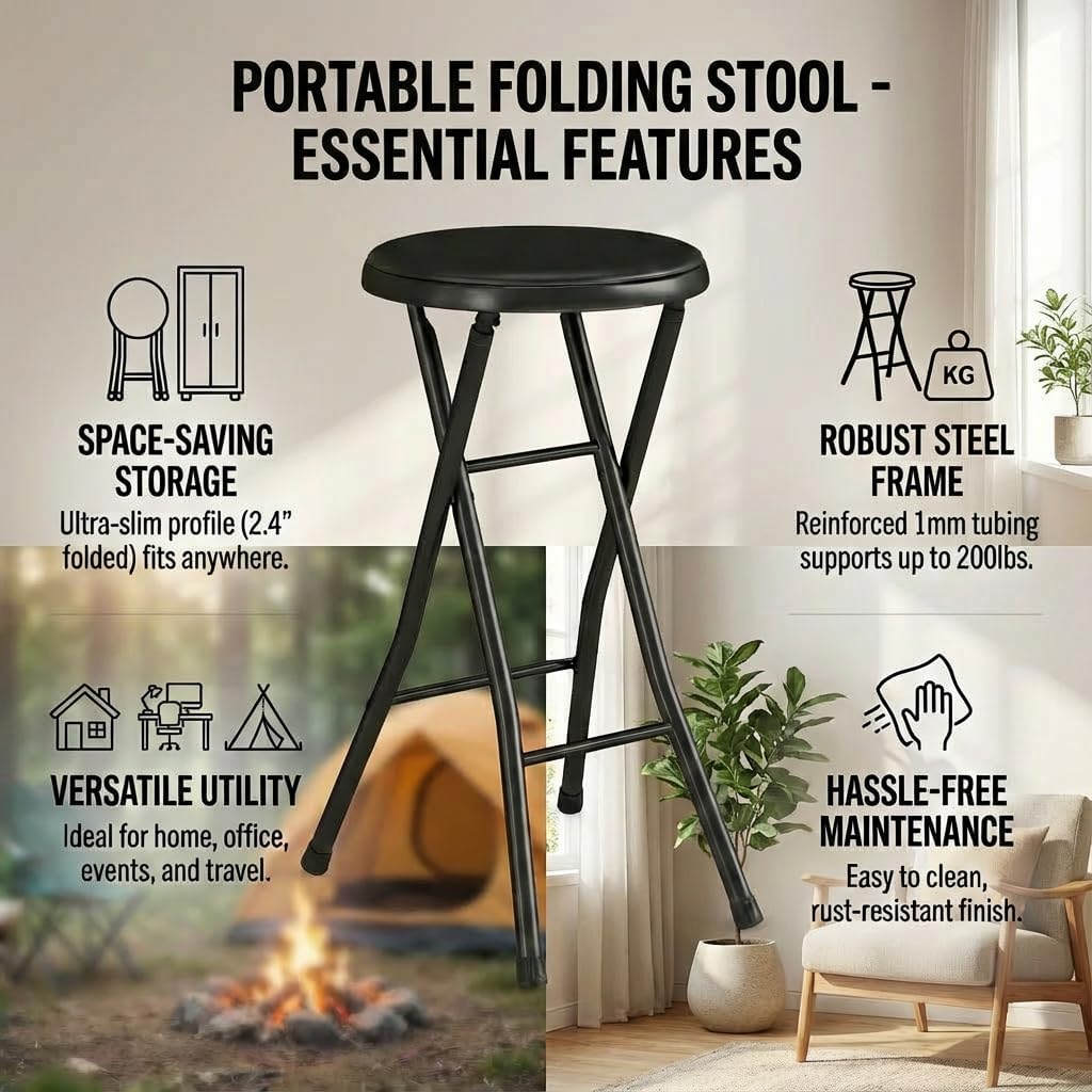 Folding Stool,24-Inch Collapsible Stool,Portable Stool with 200lb Capacity,Suitable for Indoor or Outdoor Use,Black