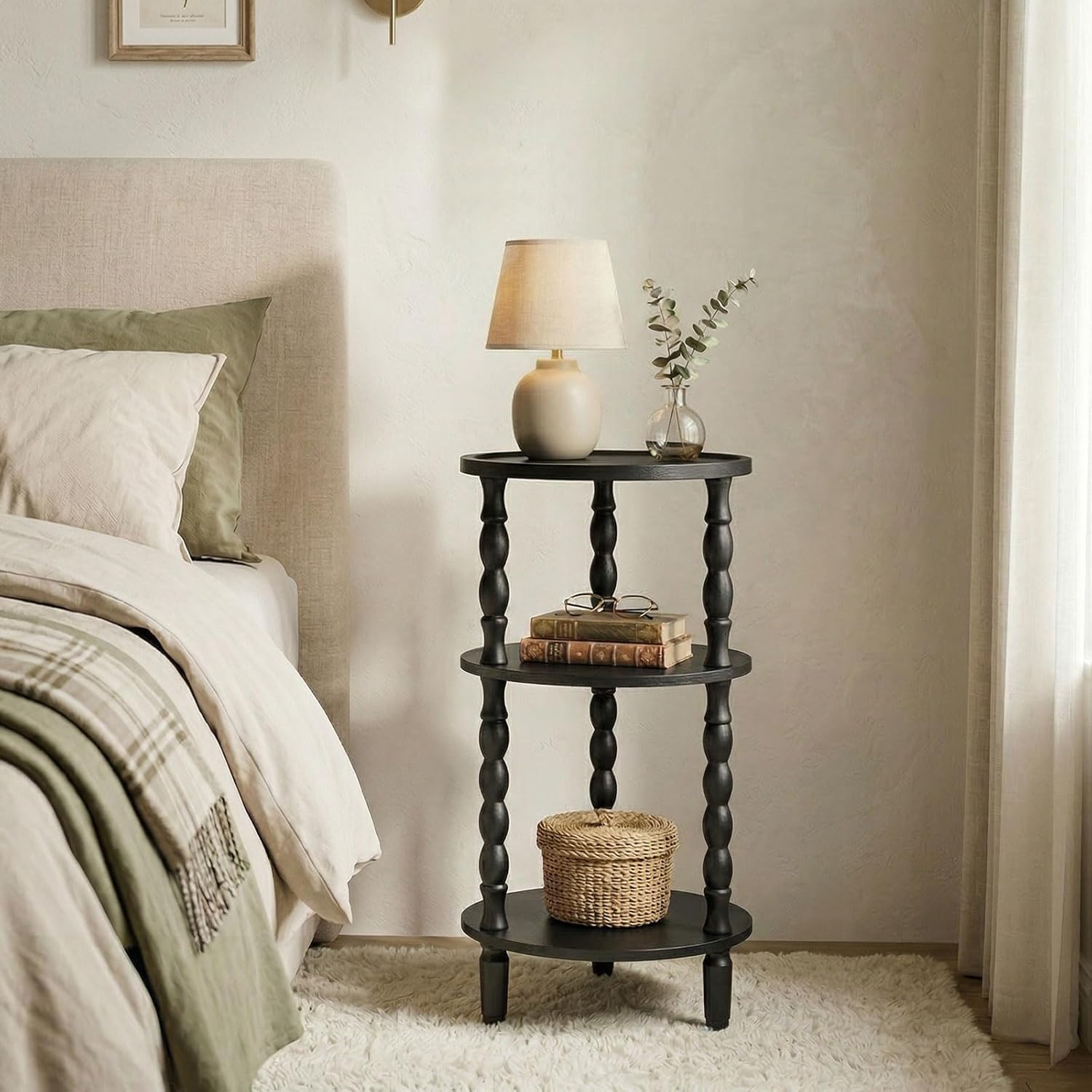 HOOBRO Round Side Table for Small Space, 3-Tier Small Round End Table with Rubberwood Leg, Accent Bedside Table, Circle Nightstand, Living Room, Bedroom, Sofa Couch, Black BK218BZ01