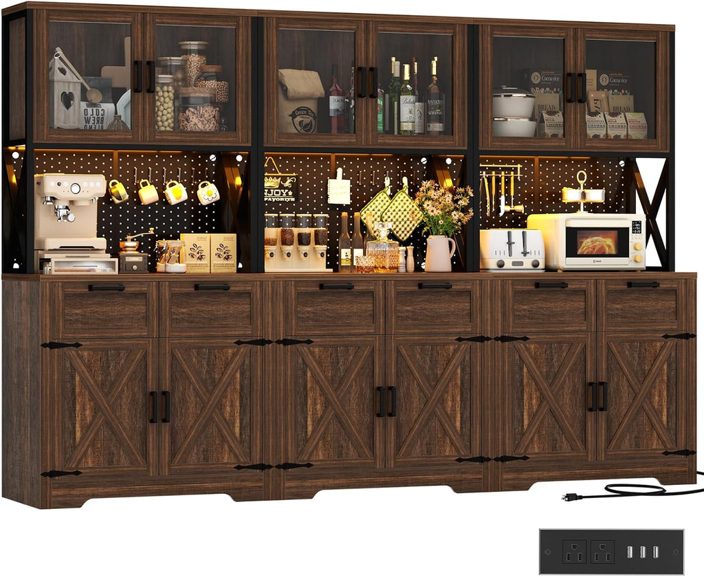 Unikito 94.5" Wide Kitchen Pantry Cabinet with 3 Power Outlets & LED Light, 71" Tall Large Kitchen Hutch with Countertop, DIY Pegboard with 18 Hooks & 6 Drawers, Farmhouse Food Pantry, Weathered Brown
