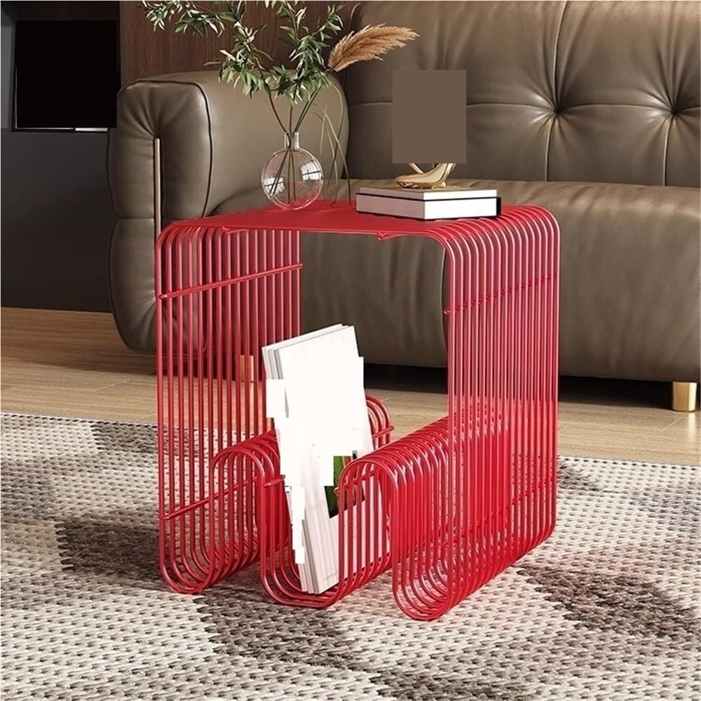 Metal Side Table, Modern Minimalist End Table, Small Bedside Table for Living Room, Bedroom, Office, Home Decor(Red)
