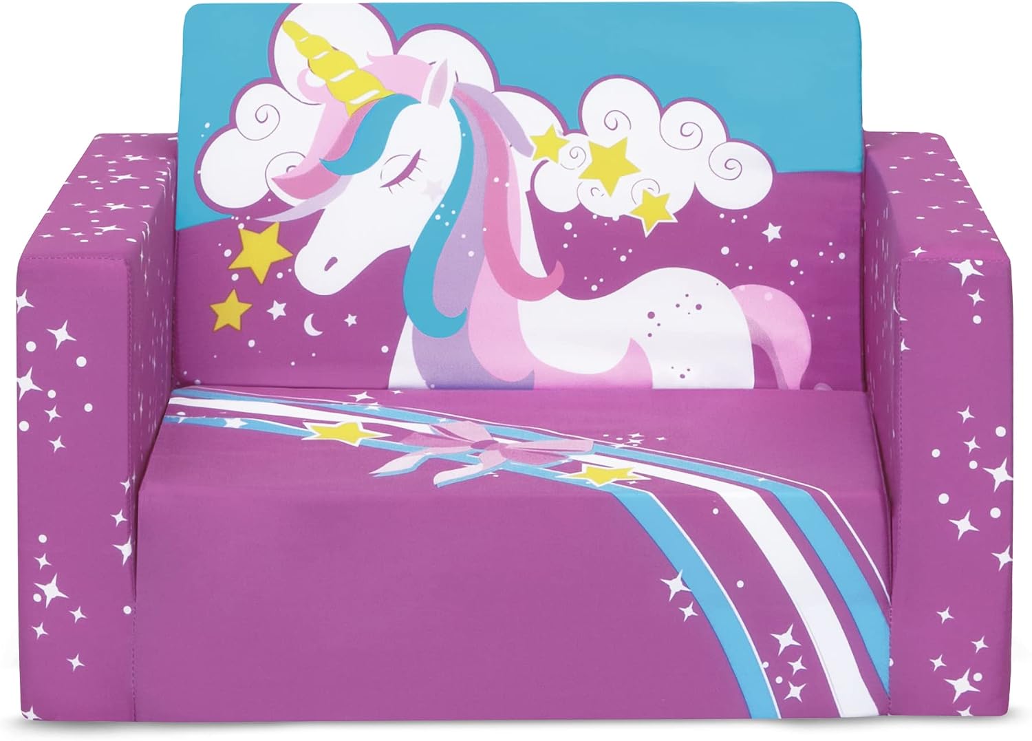 Delta Children Cozee Kids Couch 2-Seater Kids Sofa, Convertible 2-in-1 Flip Open Toddler Couch Sleeper, Foam Chair for Playroom & Bedroom, Bed Lounger, Comfy Play Sleeping Lounge Chair, Unicorn