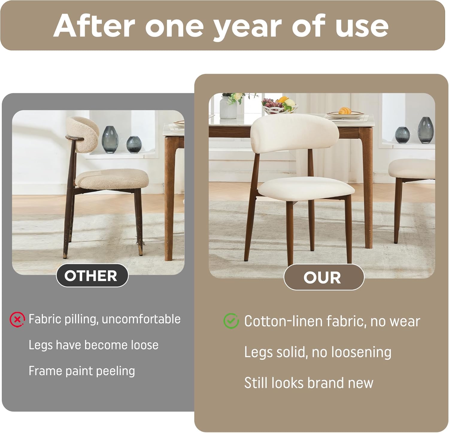 Beige Dining Chairs Set of 2, Modern Upholstered Dining Room Chair with Linen Fabric, Farmhouse Kitchen Side Chairs for Home, Apartment, Restaurant, Walnut Metal Legs(Chair Only)