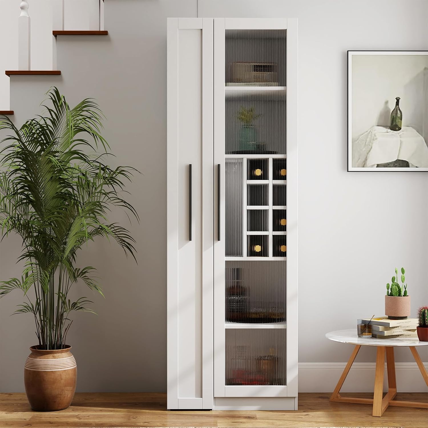 JOYSOURCE Kitchen Hutch Cabinet with 5-Tier Pull-Out Storage Shelves Tall Kitchen Pantry Wine Cabinet Slim Liquor Cabinet with Reeded Glass Door Bottle Dividers & Stemware Rack White