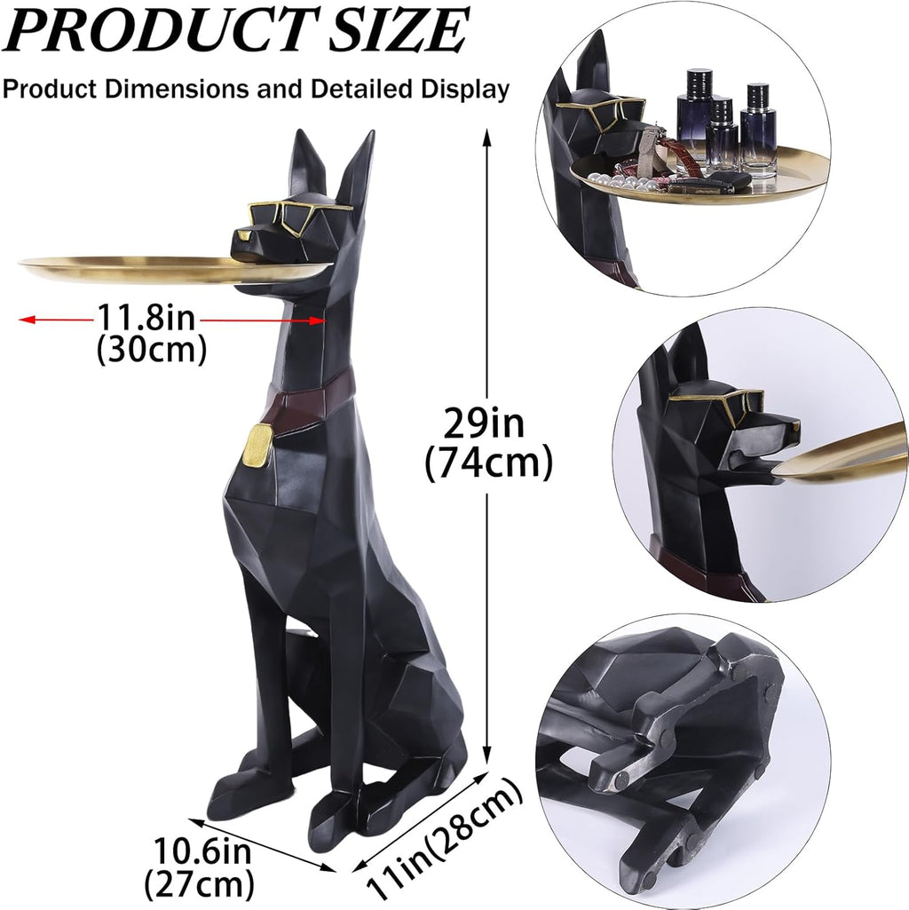 29in Geometric Dog Accent Table with Tray Butler Statue Animal Side Table for Modern Home Decor Dog Butler Statue with Tray Animal Accent Table for Living Room, Bedroom, Study, Patio (Black)