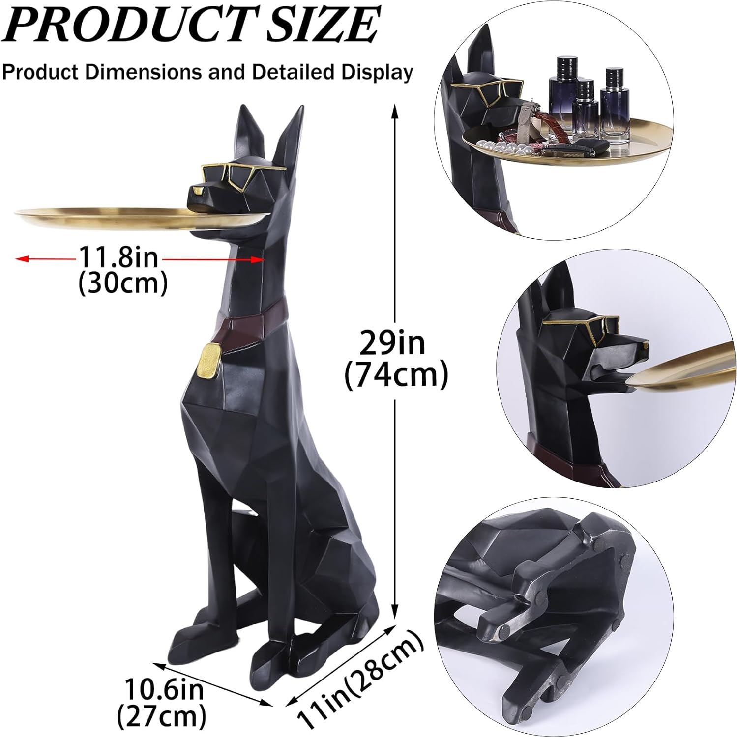 29in Geometric Dog Accent Table with Tray Butler Statue Animal Side Table for Modern Home Decor Dog Butler Statue with Tray Animal Accent Table for Living Room, Bedroom, Study, Patio (Black)