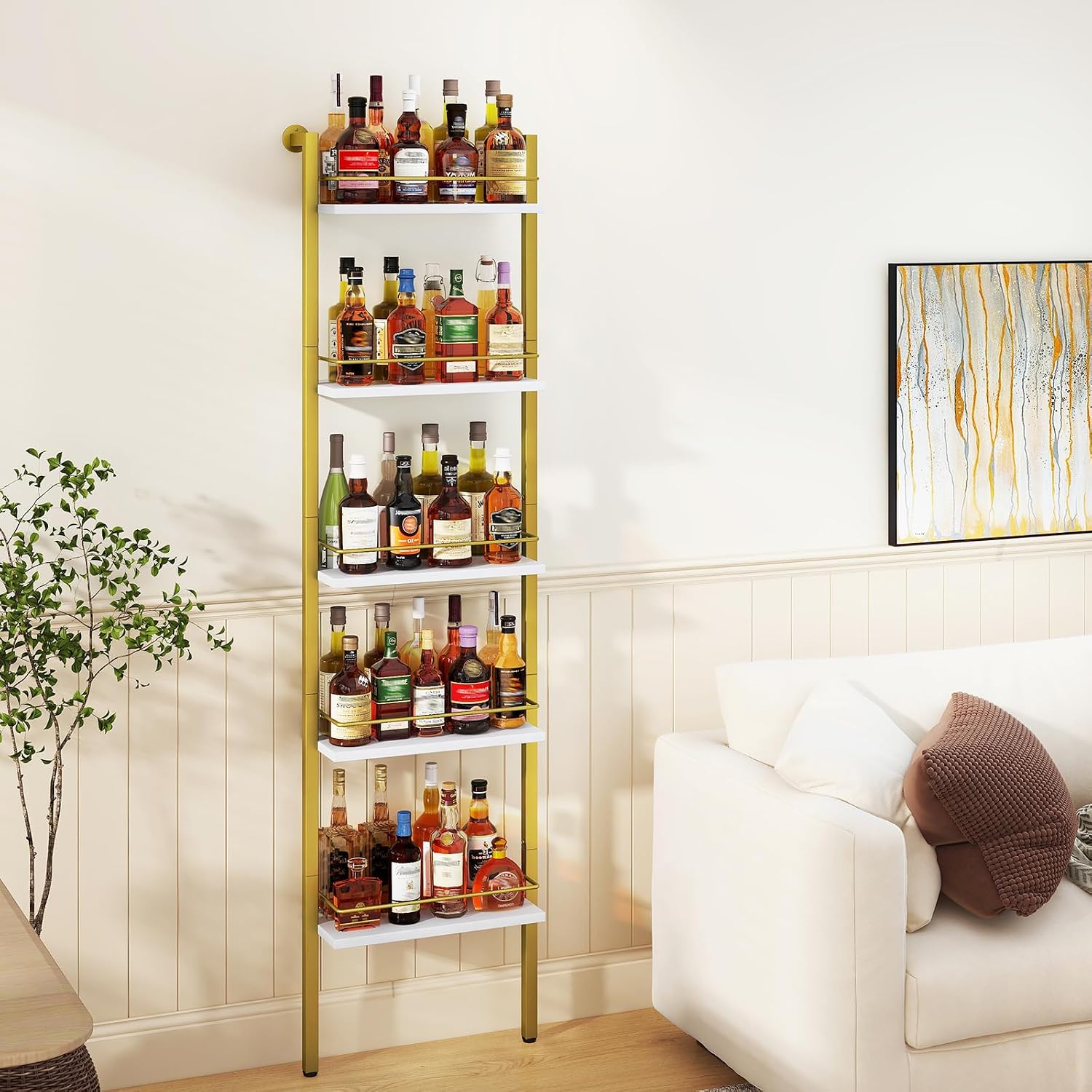 YMYNY 5-Tier Freestanding Wine Rack, White with Gold, UHWR001G | With Fences, Wall Mounted Floating Shelf, Bottles Holder, Liquor Cabinet Storage 16.93" L x 7.87" W x 69.68" H for Kitchen