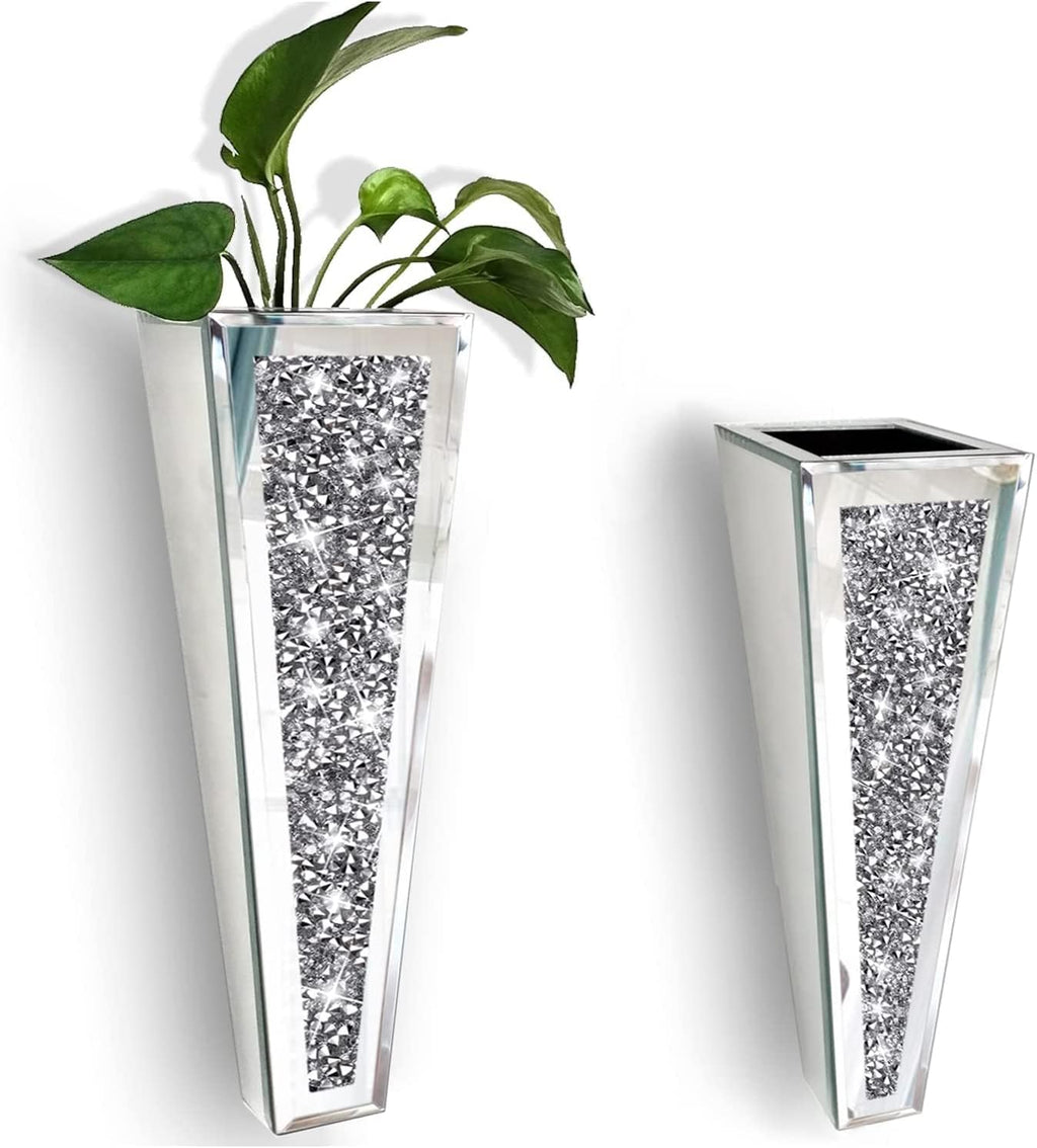 Crystal Wall Vase Hanging Flower-vase - Silver Crushed Diamond Mirrored Container Flower Vase Home Decor for Living Room, Dining Room, Bedroom, Set of 2 （11.2 Inch High） Wittolins