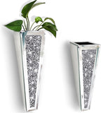 Crystal Wall Vase Hanging Flower-vase - Silver Crushed Diamond Mirrored Container Flower Vase Home Decor for Living Room, Dining Room, Bedroom, Set of 2 （11.2 Inch High） Wittolins