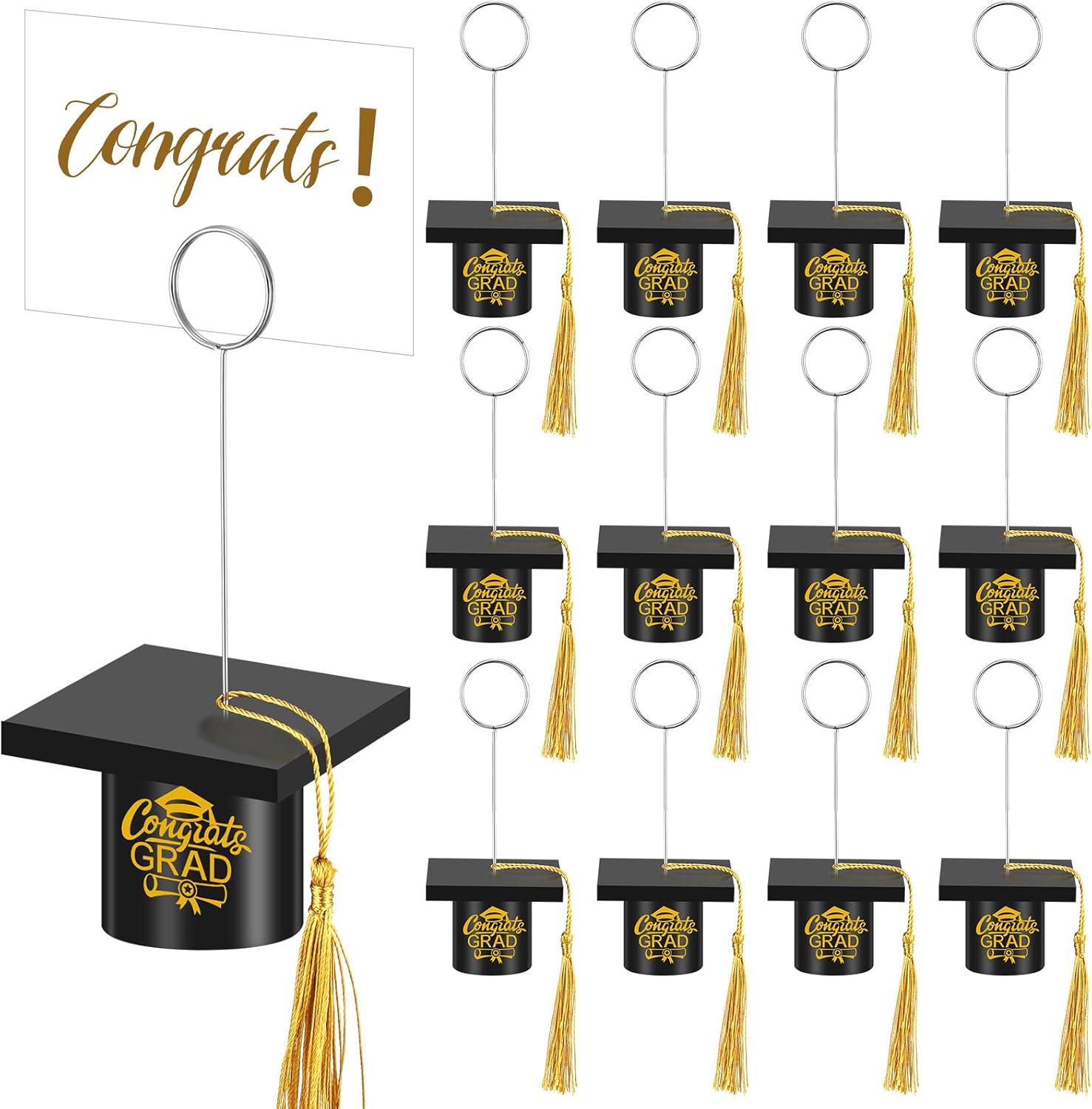 Fullhawl 12 Pcs Graduation Picture Holder, Wooden Grad Cap Photo & Table Number Holders with Tassel, Congrats Grad Place Card Holders for Tables Centerpieces Graduation Party Supplies(Black)