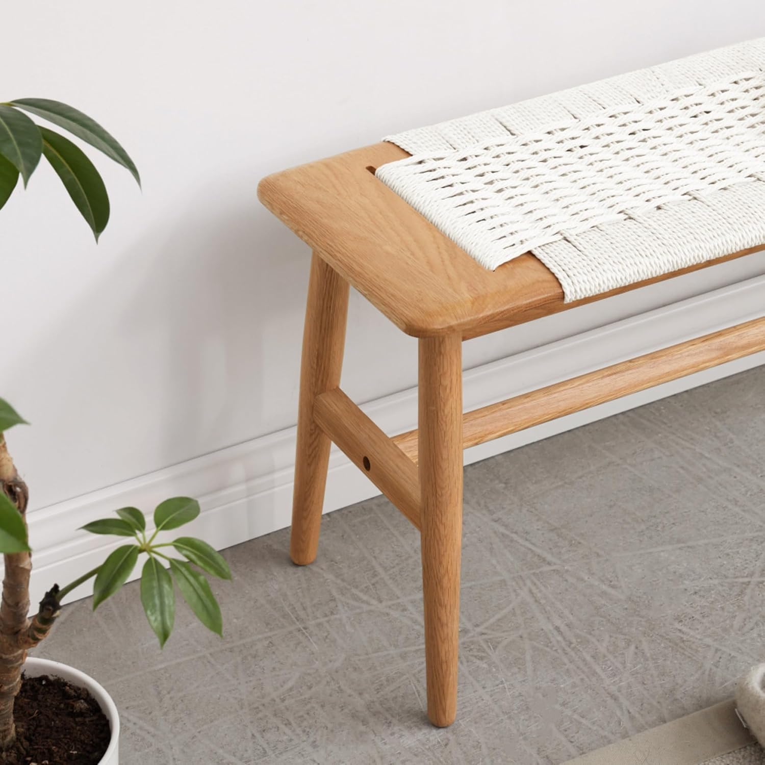 Natural Solid Oak Wood Multipurpose Bench, Minimalist Armless Dining Table Bench Seat, Heavy Duty Indoor Accent Bench for Bedroom, Dining Room, Entryway & Bathroom (White)