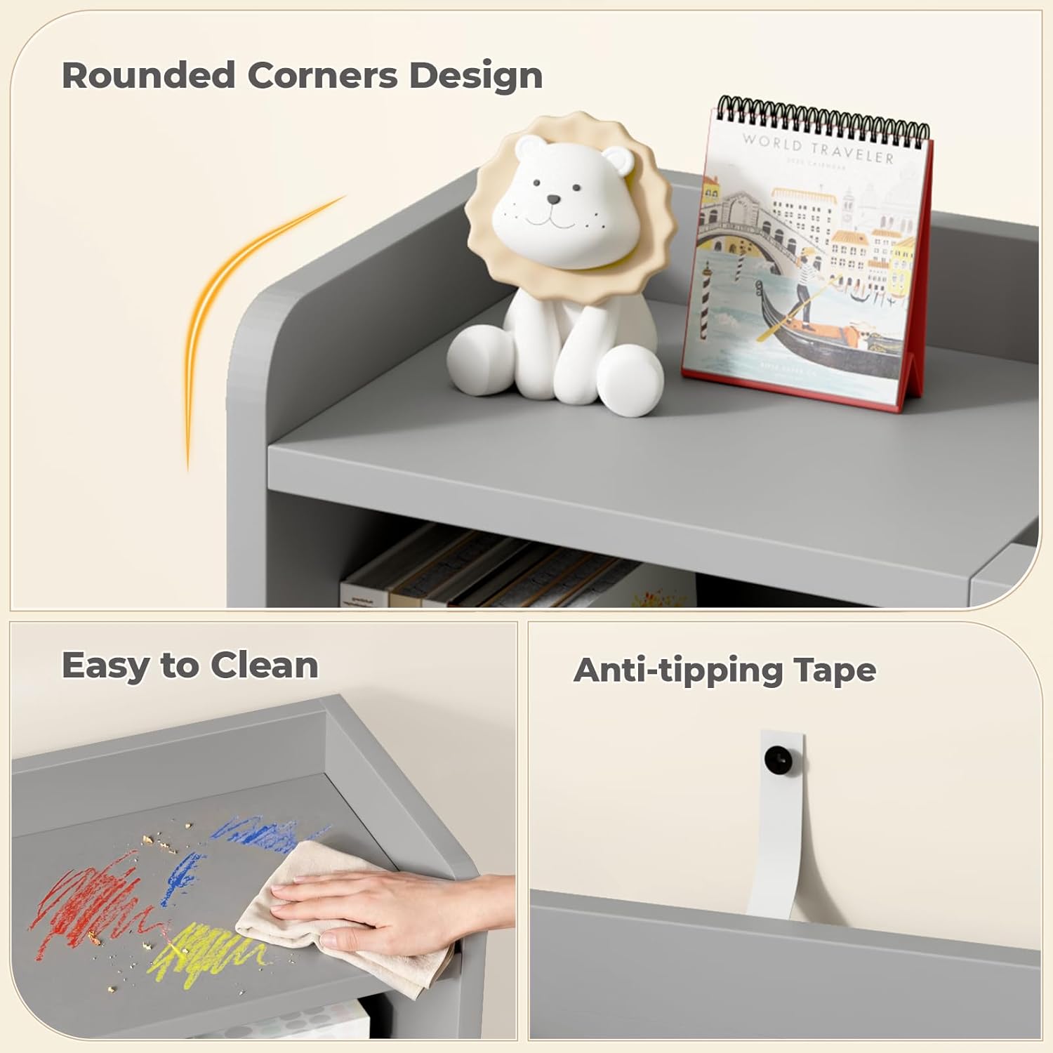 35.8" Toy Storage Organizer and Stuffed Animal Storage, 6 Cube Bookshelf for Kids Room, Playroom, Nursery, Rounded Corners & Anti-Tip, Grey
