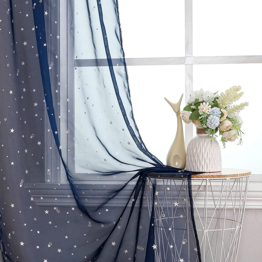 WUBODTI Navy Blue Voile Curtains 84 Inches Long 2 Panels, Rod Pocket Semi Sheer Kids Curtain for Boys Bedroom Living Room,Galaxy Starry Tulle Window Treatments Star Wars Room Decor