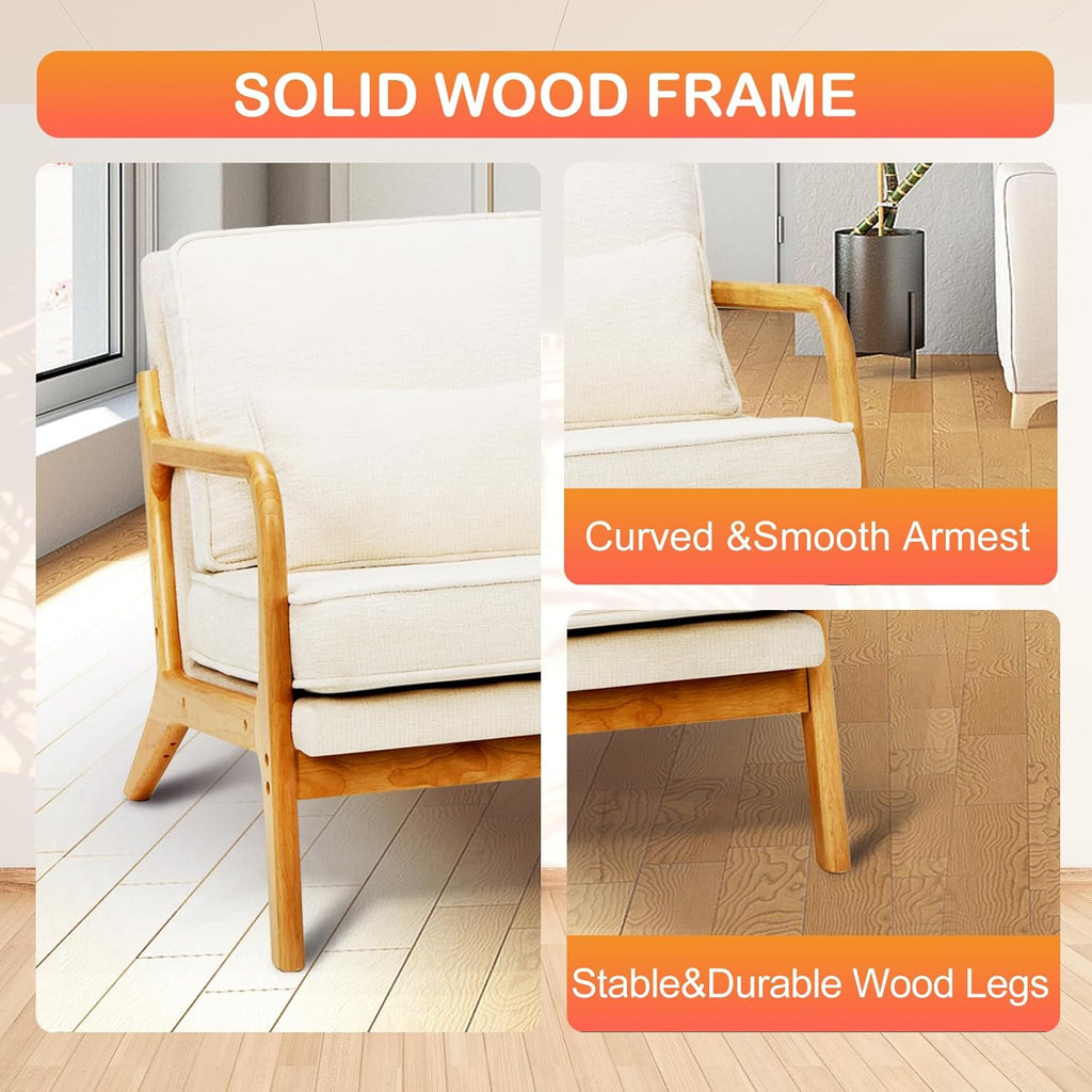MALOL Accent Chair Set of 2 with Solid Wood Frame, Mid-Century Relaxing Armchair Lumbar Pillow& Soft Cushion, Reading Leisure Chair for Living Room, Bedroom, Waiting Room-Beige