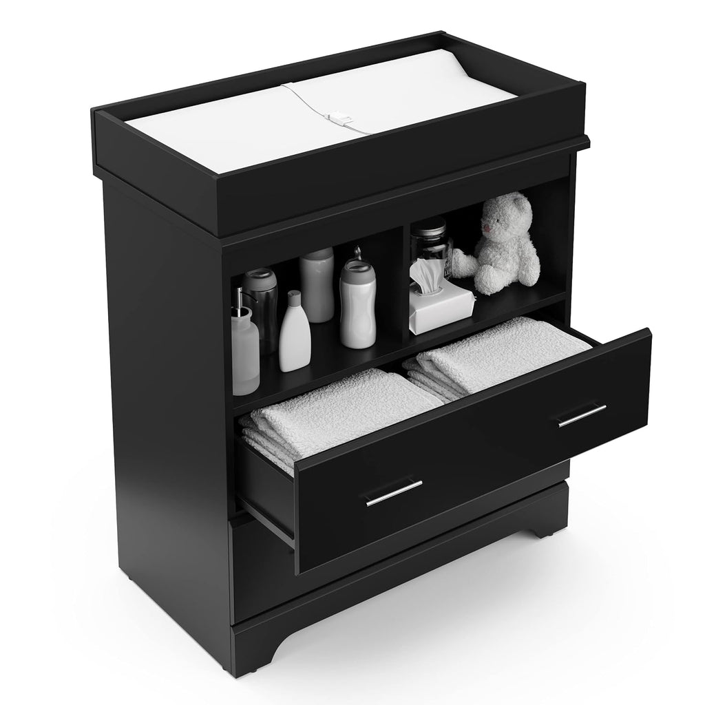 Storkcraft Brookside 2 Drawer Changing Table Dresser, Black | GREENGUARD Gold Certified Baby Dresser with Removable Changing Table Topper, Includes Interlocking Drawer System