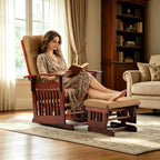 Solid Wood Glider Rocking Chair & Ottoman Set, Perfect for Nursery & Nursing, Padded Cushion with Smooth Rocking Motion, Rustic Finish for Living Room Napping and Reading,Dark Brownish