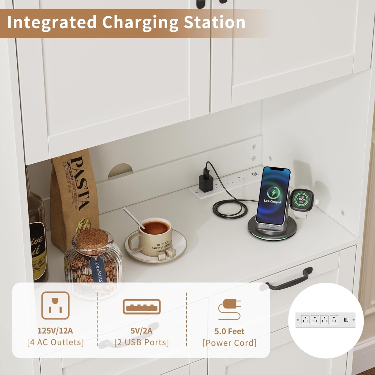 71" Tall Pantry Cabinet with Charging Station, Freestanding Kitchen Pantry Storage Cabinet with Adjustable Shelves & 2 Drawers, Kitchen Hutch with Open Countertop for Dining Room, White