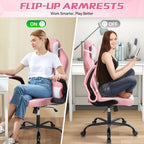 Pink Gaming Chair for Girls & Adults - Ergonomic High Back Office Desk Chair with Adjustable Lumbar Support, Flip-Up Arms & Headrest - PU Leather Swivel Computer Task Chair for Kids & Teens