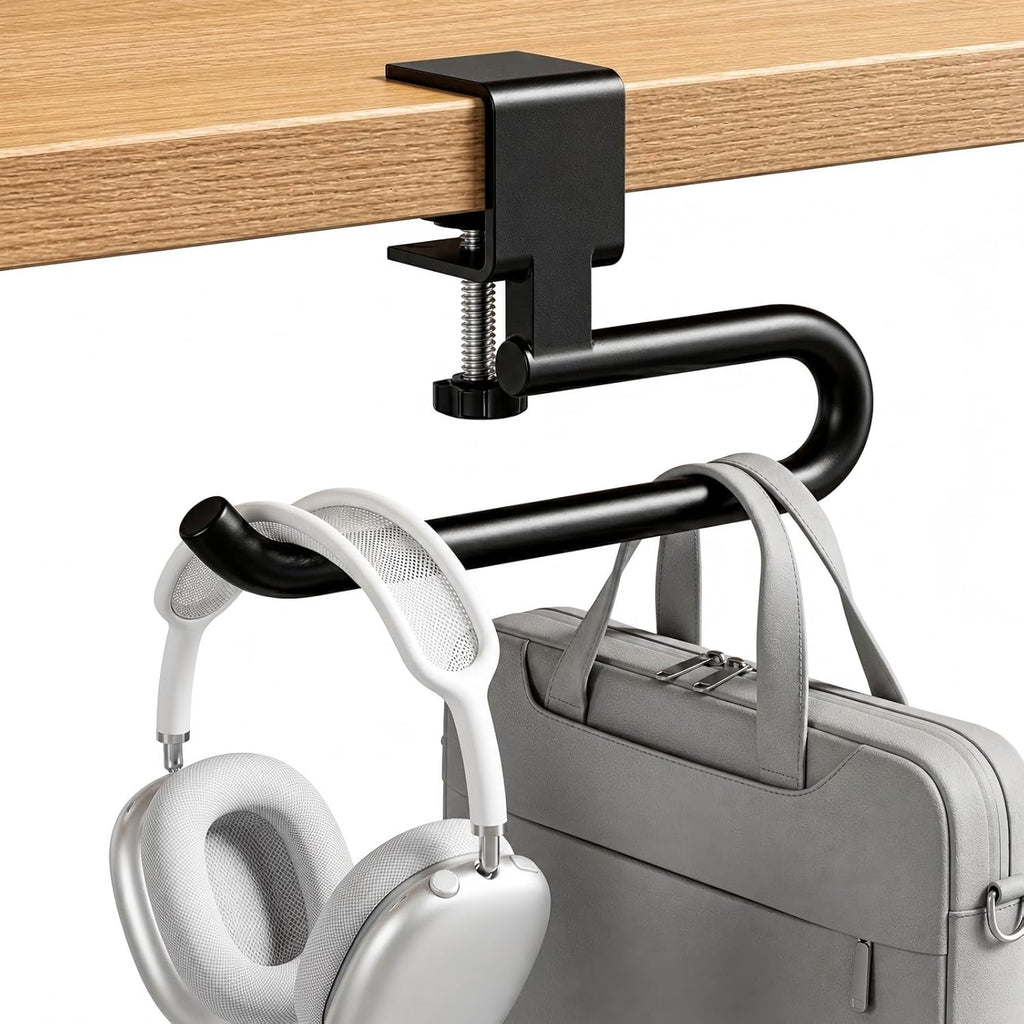 Desk Hook & Bag Hooks for Tables, Anti-Slip 60LB Heavy Duty Clamp-On Backpack Hanger, Extended Clearance Bag Holder for Desk for Office & Gaming, Adjustable (0.19-1.57in) (Black)