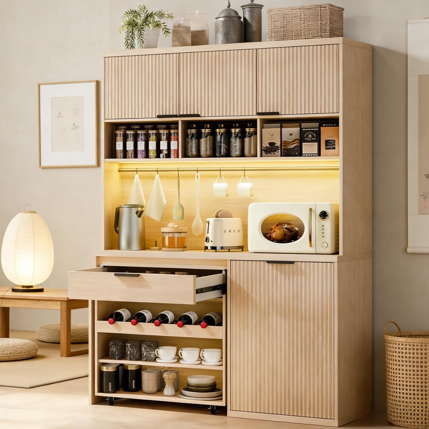 71" Pantry Cabinet,Tall Kitchen Pantry Storage Cabinet with Charging Station and LED Light,Fluted Freestanding Food Storage Cabinet,Farmhouse Kitchen Hutch with Storage Drawers for Living Dining Room