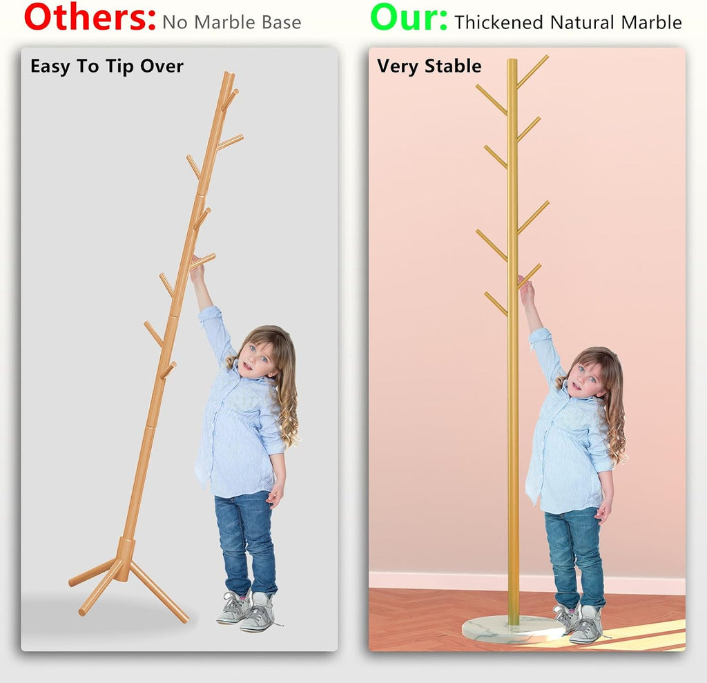 Durmmur Heavy Duty Coat Rack with Natural Marble Base, Freestanding Metal Coat Stand with 8 Hooks, Modern Stable Coat Hanger Tree for Bags, Jacket, Clothes, and Hats, Gold Metal