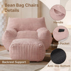 Oversized Bean Bag Chair with Ottoman, Bean Bag Couch with 2 Side Pockets, Corduroy Boneless Couch Chair in a Box, Comfy Lounge Chair for Living Room, Bedroom, Dorm, Pink