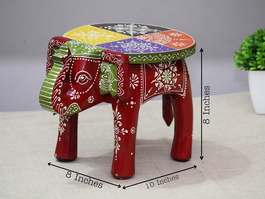 Handcrafted and Hand-Painted Colorful Wooden Elephant Decorative Showpiece Stool/Side Table for Home/Office/Living or Bedroom Decor (Maroon)