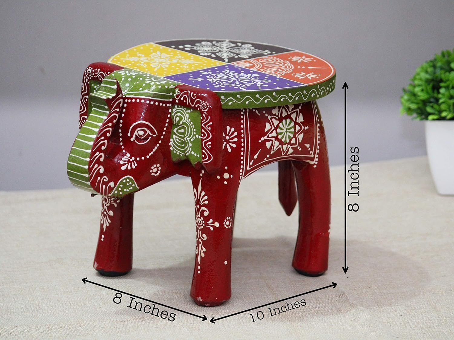 Handcrafted and Hand-Painted Colorful Wooden Elephant Decorative Showpiece Stool/Side Table for Home/Office/Living or Bedroom Decor (Maroon)