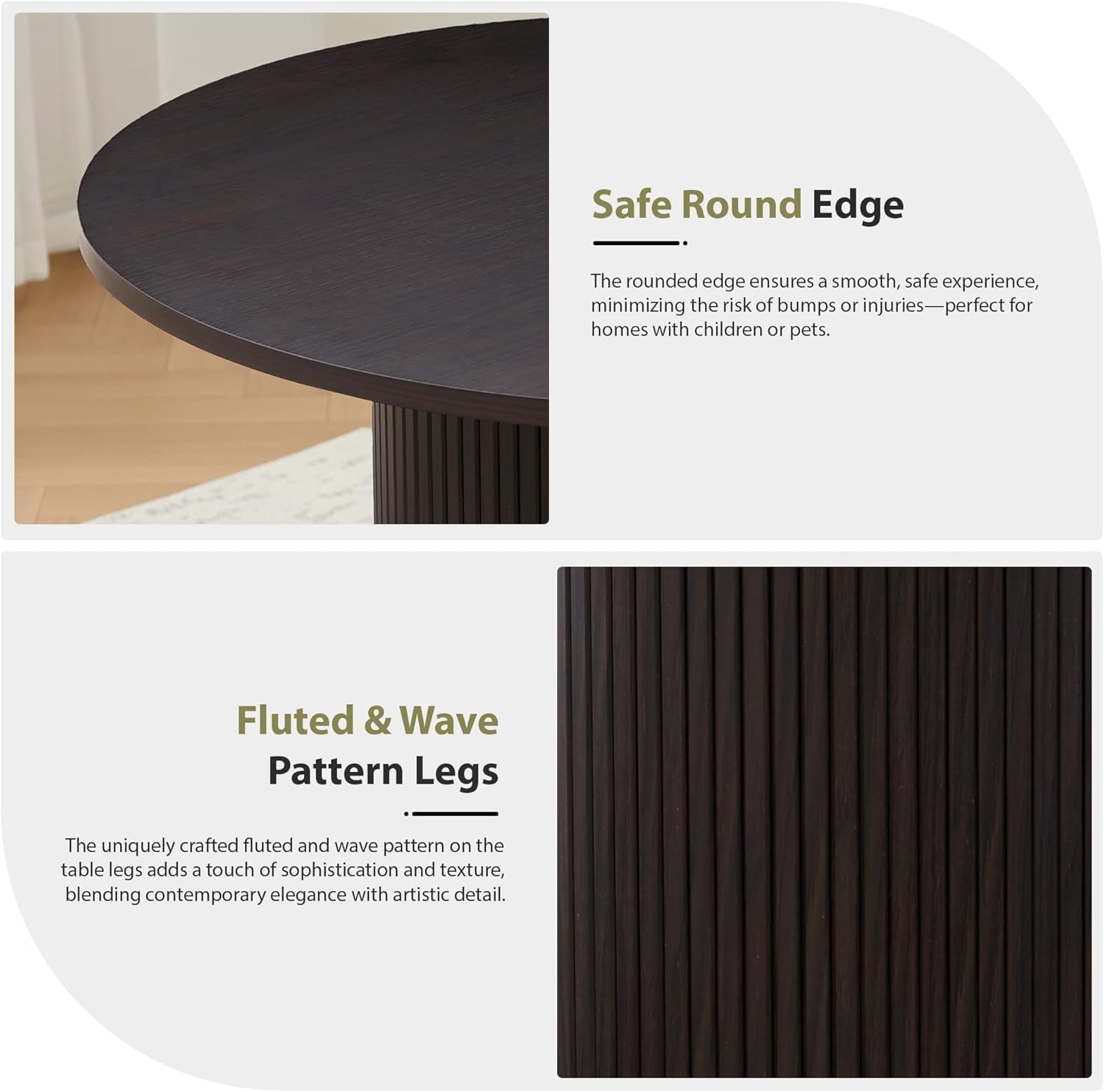 31.5" Round Dining Table for 2-4, Modern Kitchen Table with 2-Tier Storage Shelf, Small Wooden Circle Dining Tables with Fluted Base for Home Dining Room Living Room (Blackened Brown)