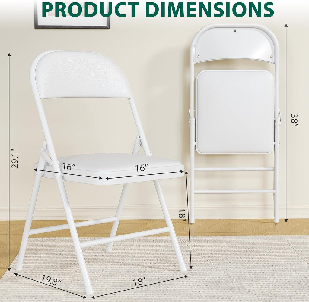 Folding Chairs 2 Pack,350 lbs Heavy Duty Metal Frame Folding Chairs with PU Leather Padded Seat,Ergonomic Portable Foldable Chair with Non-Slip Rubber Feet for Indoor Outdoor Wedding Patio Party,White