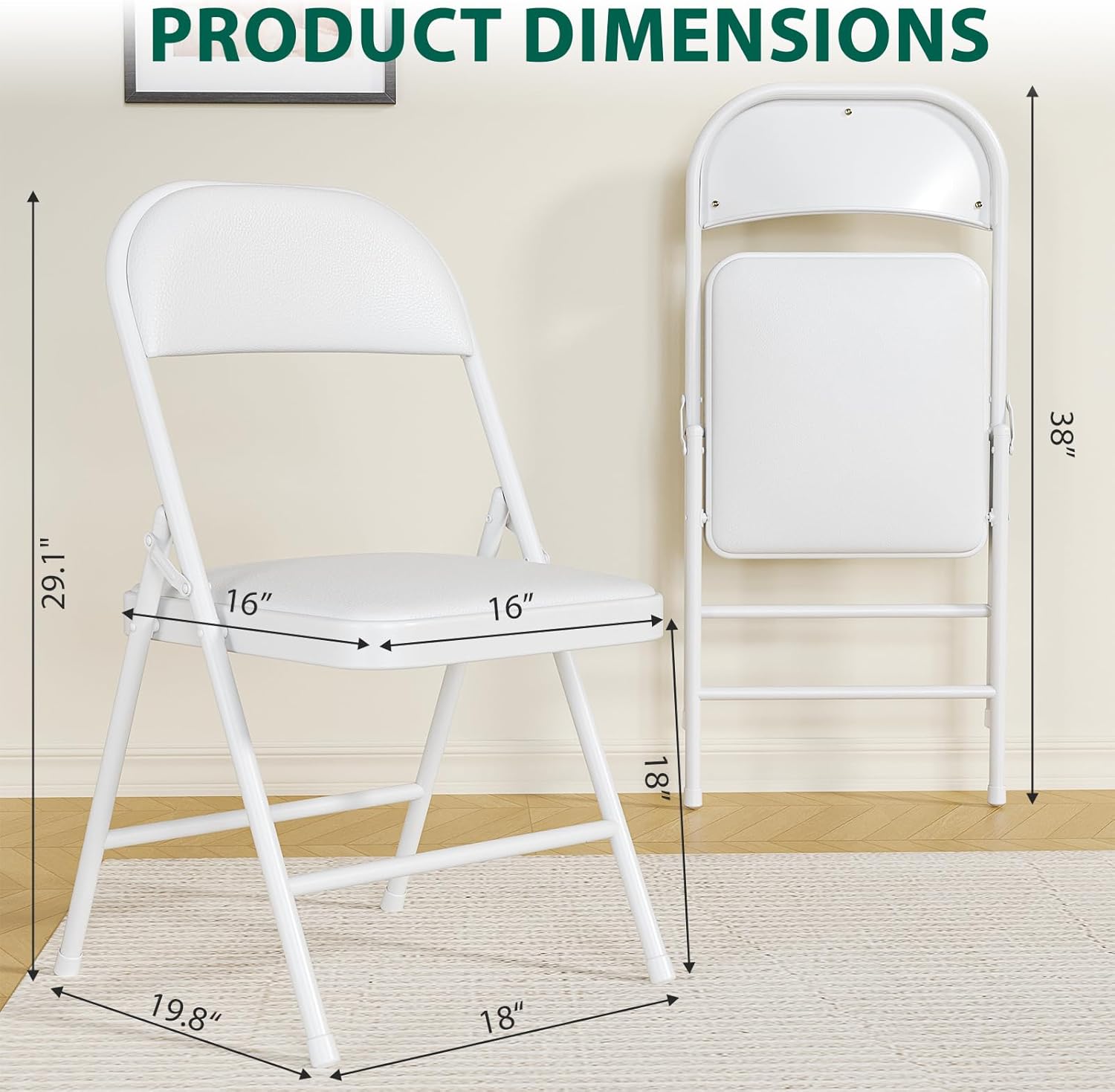 Folding Chairs 2 Pack,350 lbs Heavy Duty Metal Frame Folding Chairs with PU Leather Padded Seat,Ergonomic Portable Foldable Chair with Non-Slip Rubber Feet for Indoor Outdoor Wedding Patio Party,White