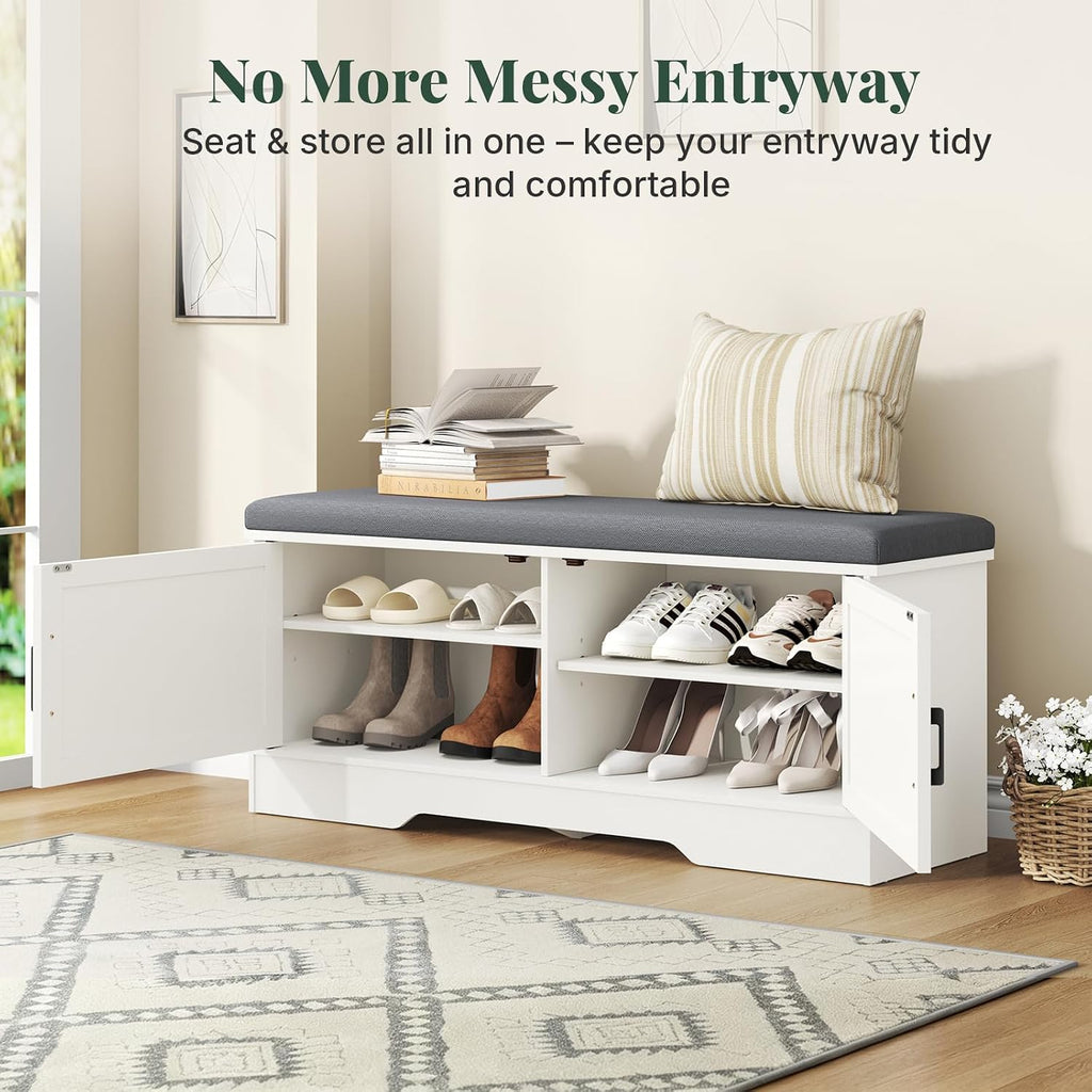DUMOS 39 Inch Storage Bench, Shoe Organizer Cabinet with Thickened Padded Seat Cushion, Entryway Bench with 2 Doors & Adjustable Shelf for Hallway, Bedroom, Living Room, White