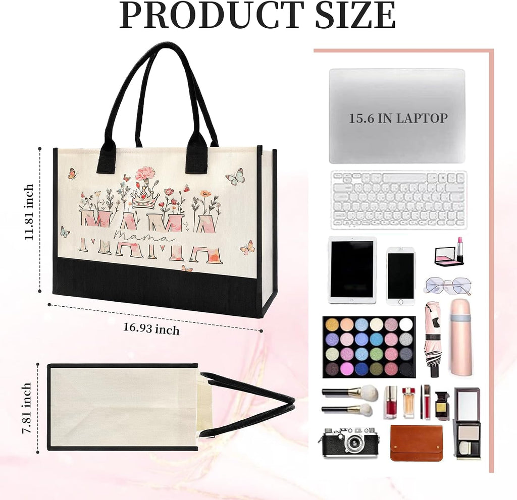 Mothers Day Gifts for Mom - Spacious Canvas Tote Bag for Women, Beautiful Floral Print New Mom Birthday Gifts, Sturdy Ties & Bottom Reusable Grocery Bags, Mama Gift for Shopping Beach Travel Work