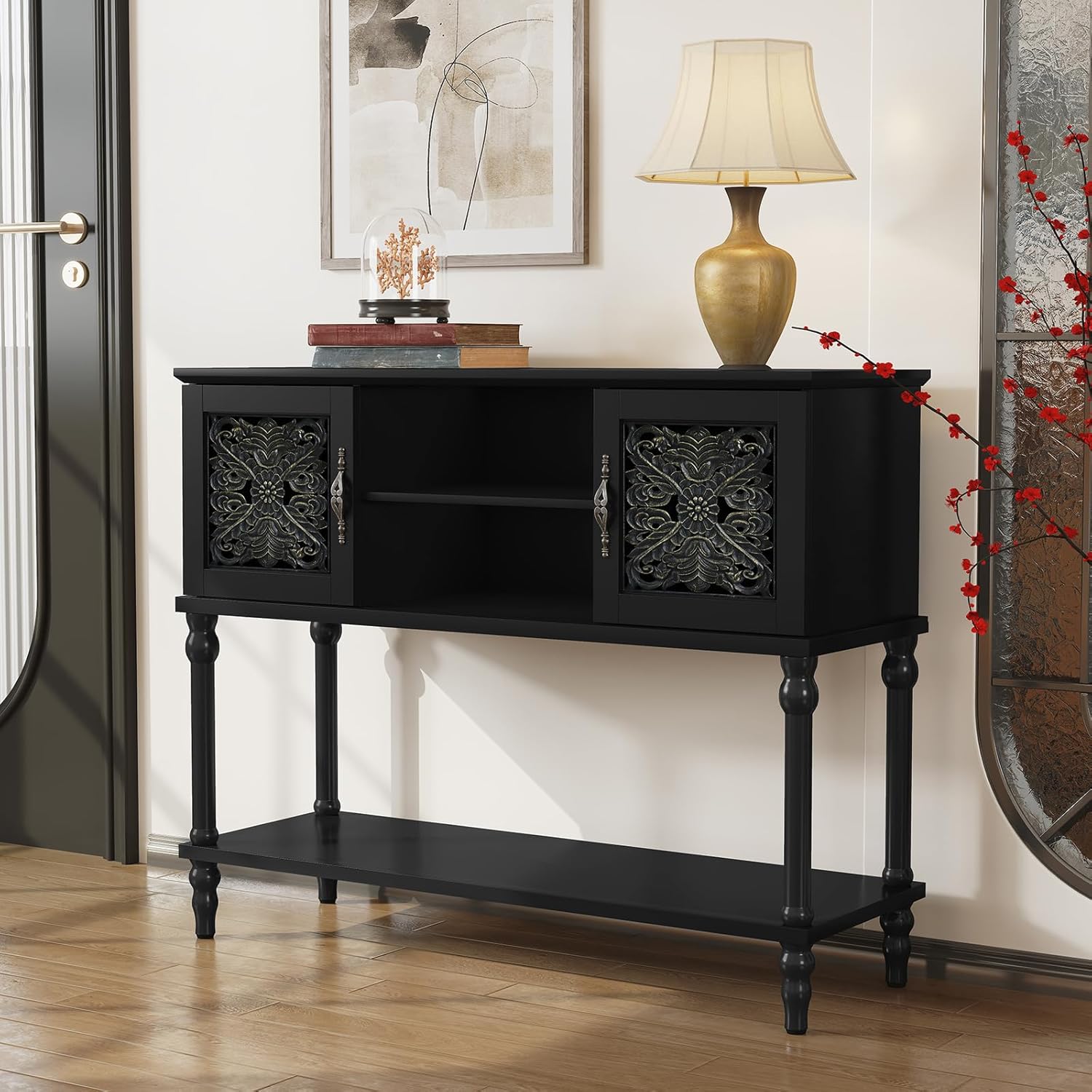 ARTPOWER Vintage Console Table with Hand-Carved Doors, 42" Narrow Entryway Table with Storage, Retro Sofa Table with Open Storage Shelf, Console Tables for Entryway, Hallway, Foyer, Living Room, Black