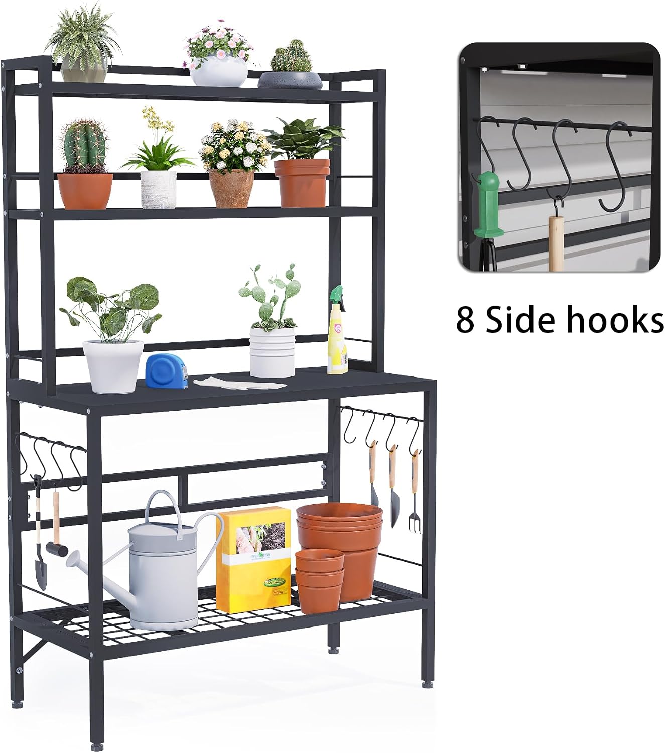 Outdoor Potting Bench Table with Storage, 63" Tall Metal Garden Workstation, 4-Tier Plant Stand Shelves with 8 Hooks, Heavy Duty All-Weather Potting Table for Patio, Backyard, Balcony, Gray