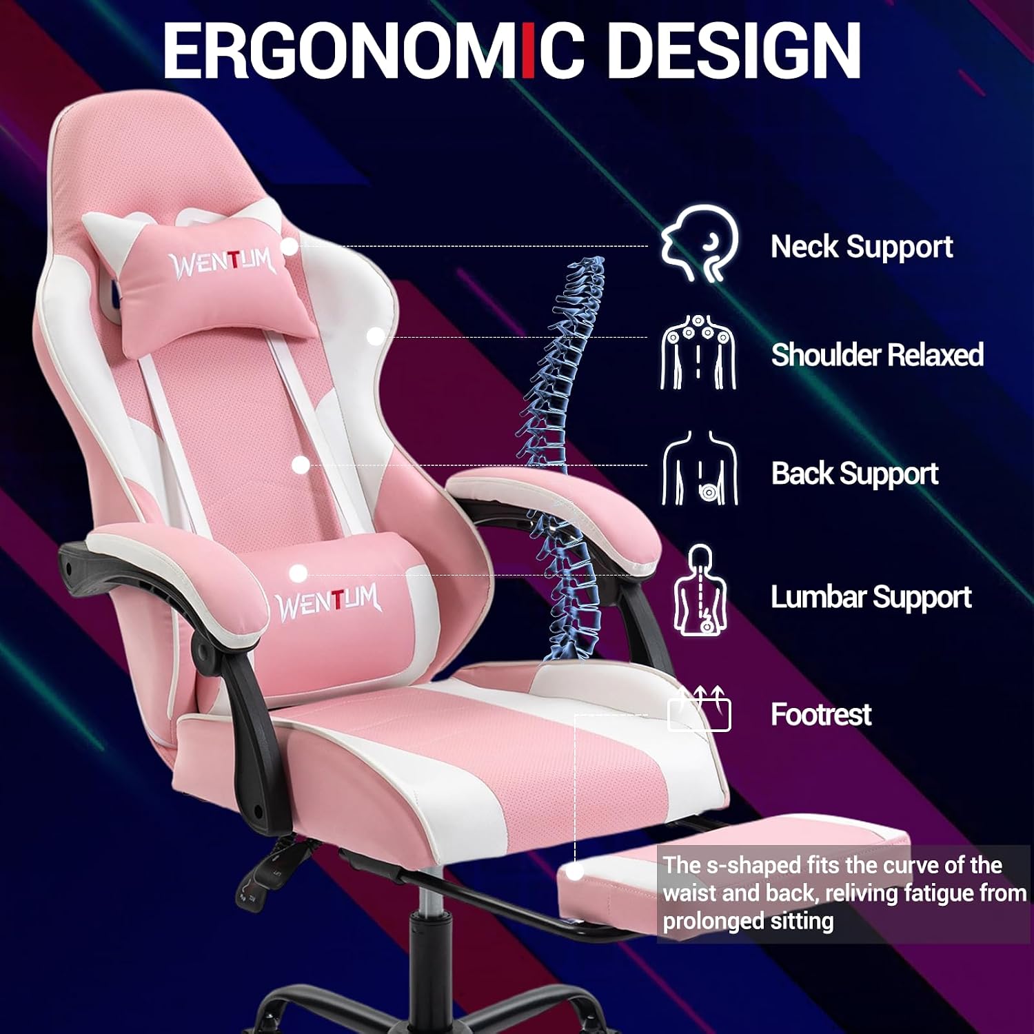 Gaming Chair with Footrest for Adults, PU Leather Video Game Chair with Massage Lumbar Support for Men Women, Ergonomic Computer Gamer Chair for Home Office, Height Adjustable, Pink