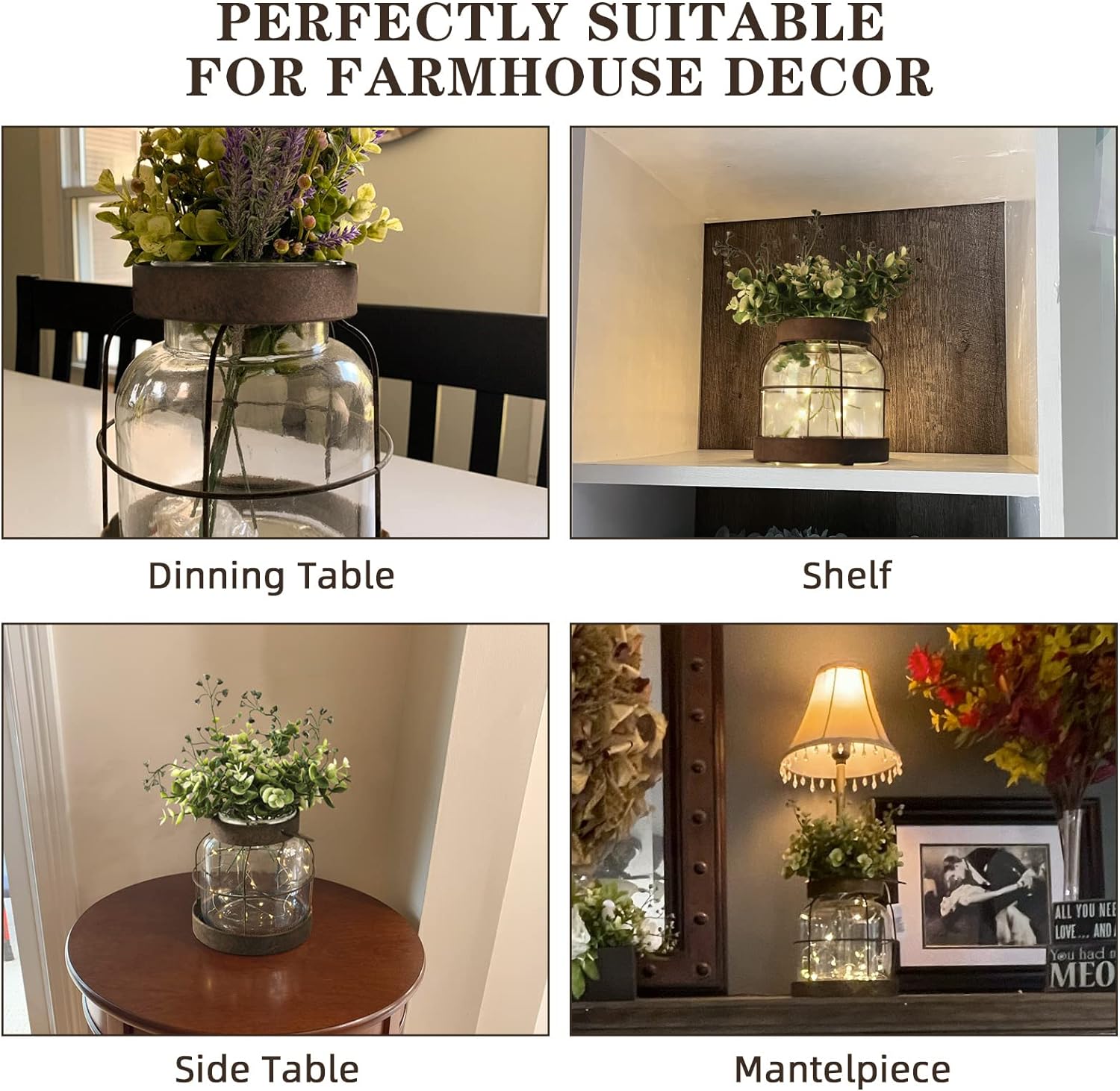 Vintage Glass Farmhouse Vase, Rustic Lantern Decor with Plants Flowers Lights Vintage Style Vases for Home Decor Floral Arrangement Hostess Gift