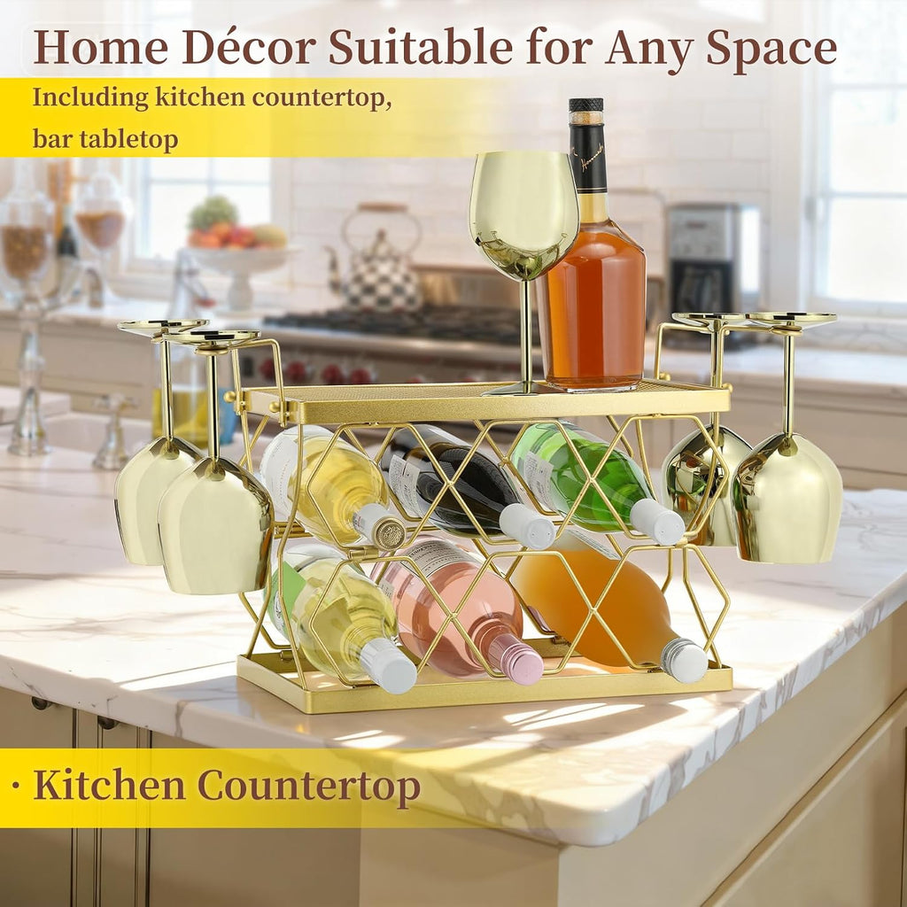 Countertop Wine Rack Organizer - Holds 6 Oversized Bottles & 4 Glasses | Freestanding Small Metal Bottle Holder, Perfect for Home Décor, Kitchen Storage and Cabinet | No Assembly（Gold）