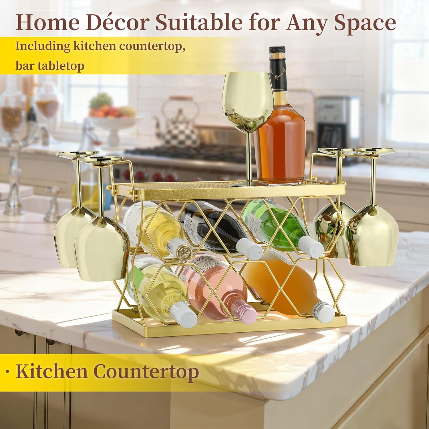 Countertop Wine Rack Organizer - Holds 6 Oversized Bottles & 4 Glasses | Freestanding Small Metal Bottle Holder, Perfect for Home Décor, Kitchen Storage and Cabinet | No Assembly（Gold）
