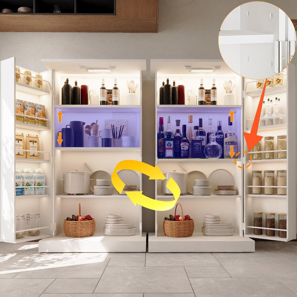 FJTJBSI 50" LED Kitchen Pantry Cabinet with 3 Adjustable Shelves and 2 Doors Wood Pantry Storage Cabinet with Handle for Kitchen Living Room and Dinning Room White