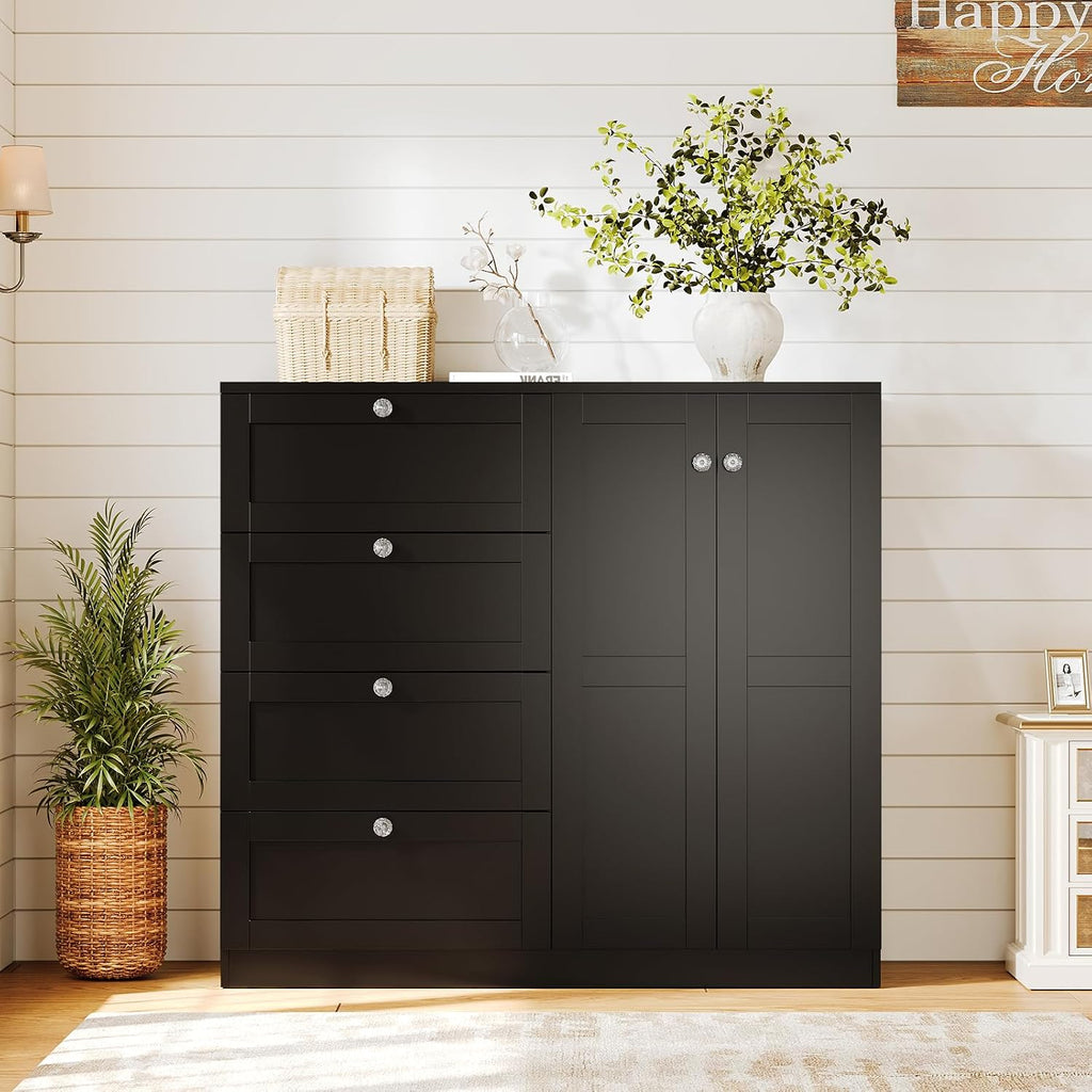 VOWNER 43''H Armoire Wardrobe Closet with 4 Drawers and 2 Doors | Small Clothing Storage Cabinet Dresser with Hanging Rod, Baby Closet Clothes Wardrobe for Bedroom, Black